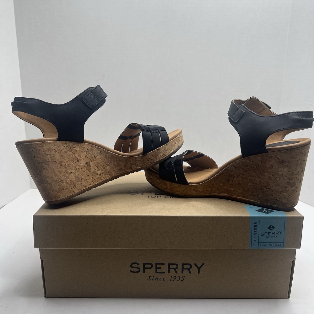 Sperry Top-Sider Dawn Echo Black Leather Cork Wedge Sandals Womens 6 M STS97811